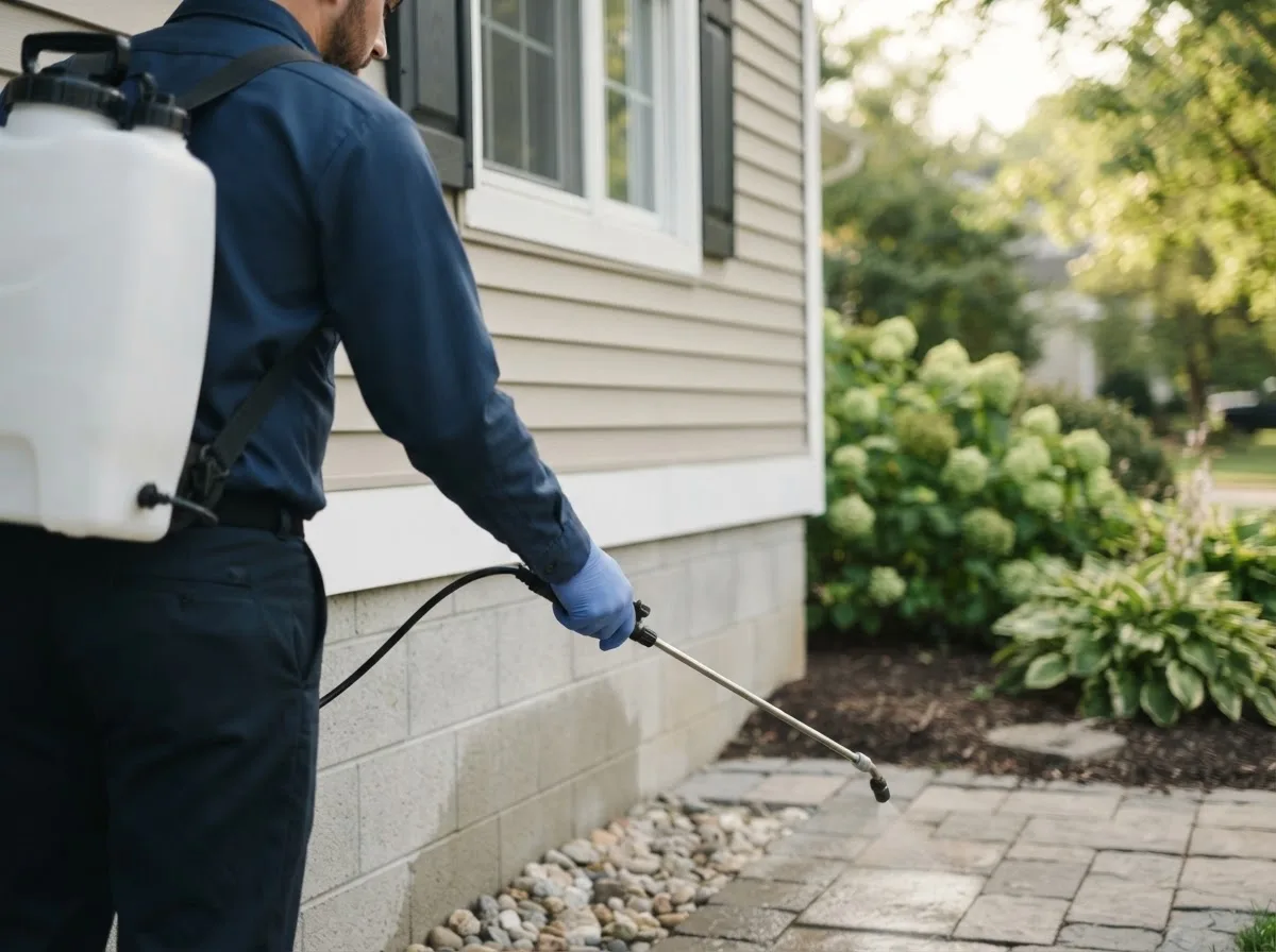 Pest control technician inspecting a home in Forestdale, MA
